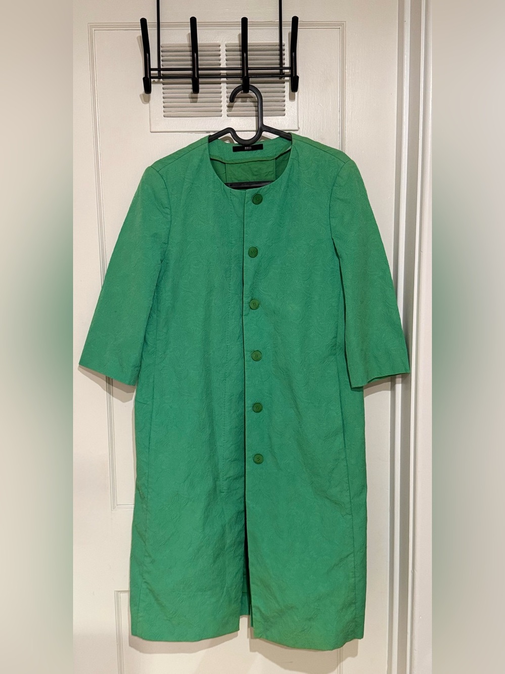 Hugo Boss Green Textured Jacquard Collarless Coat